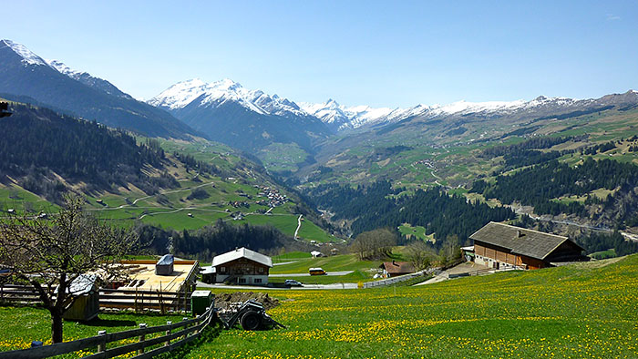 Blick ins ein schweizerisches Tal mit Bauernhöfen